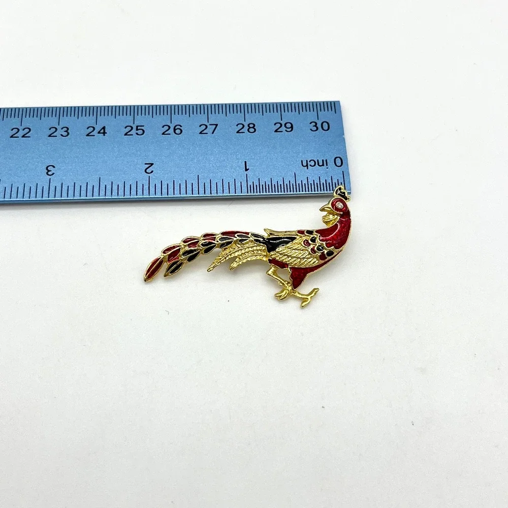 Peacock Brooch Pin Red‎ Rhinestone Gold Tone Bird Figural Jewelry